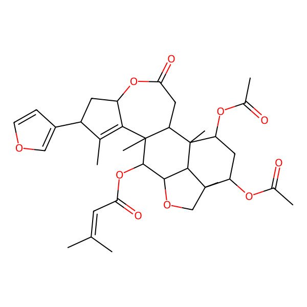 2D Structure of [(1R,2R,6S,8R,11R,12S,13R,16R,17S,19S,20R)-17,19-diacetyloxy-8-(furan-3-yl)-1,9,11,16-tetramethyl-4-oxo-5,14-dioxapentacyclo[11.6.1.02,11.06,10.016,20]icos-9-en-12-yl] 3-methylbut-2-enoate