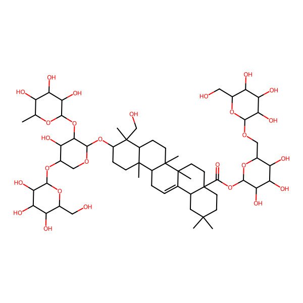 2D Structure of [3,4,5-Trihydroxy-6-[[3,4,5-trihydroxy-6-(hydroxymethyl)oxan-2-yl]oxymethyl]oxan-2-yl] 9-(hydroxymethyl)-10-[4-hydroxy-5-[3,4,5-trihydroxy-6-(hydroxymethyl)oxan-2-yl]oxy-3-(3,4,5-trihydroxy-6-methyloxan-2-yl)oxyoxan-2-yl]oxy-2,2,6a,6b,9,12a-hexamethyl-1,3,4,5,6,6a,7,8,8a,10,11,12,13,14b-tetradecahydropicene-4a-carboxylate