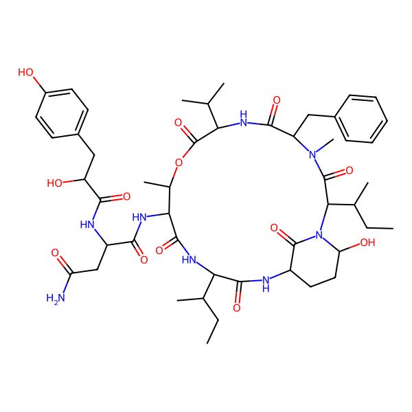 2D Structure of (2S)-N-[(2S,5S,8S,11R,12S,15S,18S,21R)-5-benzyl-2,15-bis[(2S)-butan-2-yl]-21-hydroxy-4,11-dimethyl-3,6,9,13,16,22-hexaoxo-8-propan-2-yl-10-oxa-1,4,7,14,17-pentazabicyclo[16.3.1]docosan-12-yl]-2-[[(2R)-2-hydroxy-3-(4-hydroxyphenyl)propanoyl]amino]butanediamide
