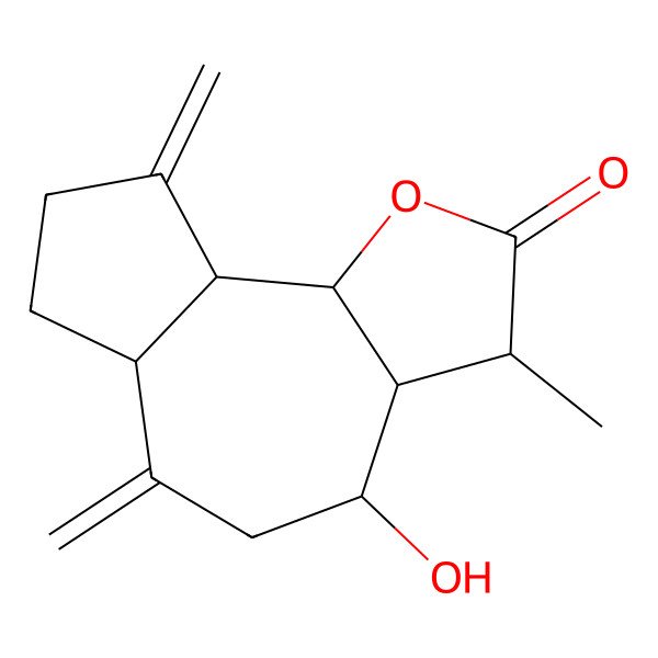 2D Structure of (3S,3aR,4S,6aR,9aR,9bR)-4-hydroxy-3-methyl-6,9-dimethylidene-3a,4,5,6a,7,8,9a,9b-octahydro-3H-azuleno[4,5-b]furan-2-one