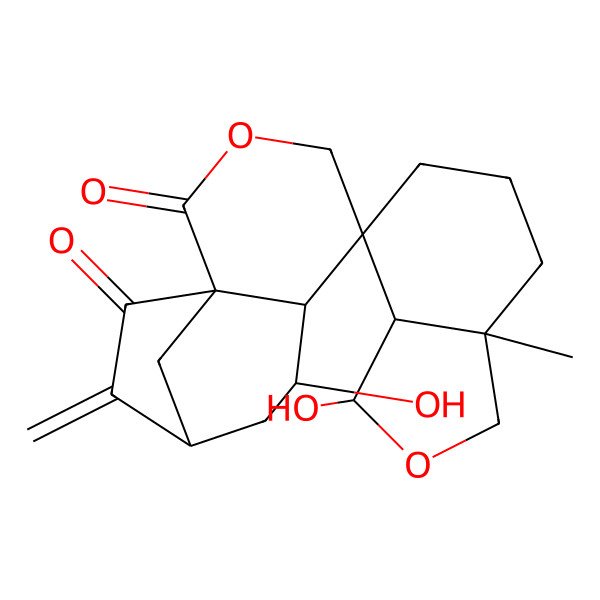 2D Structure of (1'S,3S,3aR,4S,6'S,7'R,7aR,9'S)-3,7'-dihydroxy-7a-methyl-10'-methylidenespiro[1,3,3a,5,6,7-hexahydro-2-benzofuran-4,5'-3-oxatricyclo[7.2.1.01,6]dodecane]-2',11'-dione