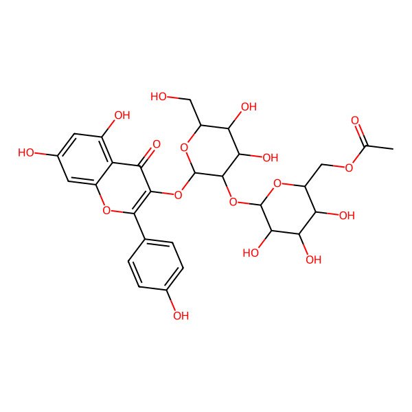 2D Structure of [(2R,3S,4S,5R,6S)-6-[(2S,3R,4S,5S,6R)-2-[5,7-dihydroxy-2-(4-hydroxyphenyl)-4-oxochromen-3-yl]oxy-4,5-dihydroxy-6-(hydroxymethyl)oxan-3-yl]oxy-3,4,5-trihydroxyoxan-2-yl]methyl acetate