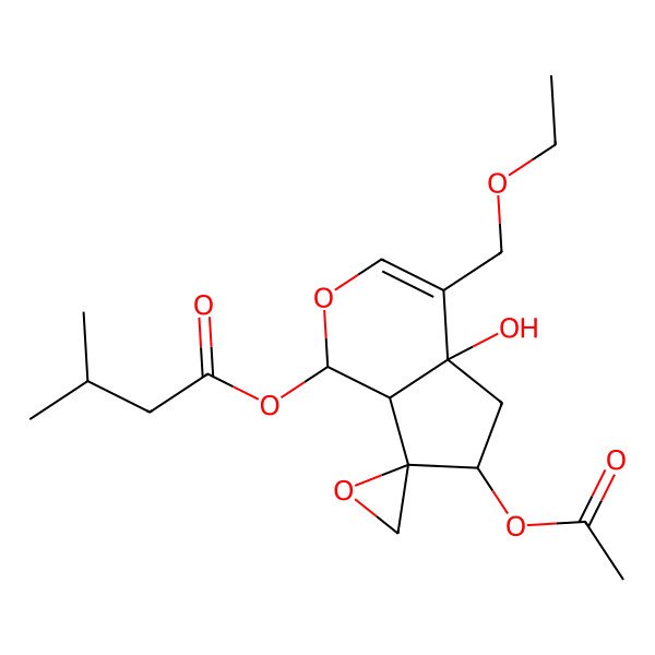 2D Structure of [(1S,4aS,6S,7R,7aS)-6-acetyloxy-4-(ethoxymethyl)-4a-hydroxyspiro[1,5,6,7a-tetrahydrocyclopenta[c]pyran-7,2'-oxirane]-1-yl] 3-methylbutanoate