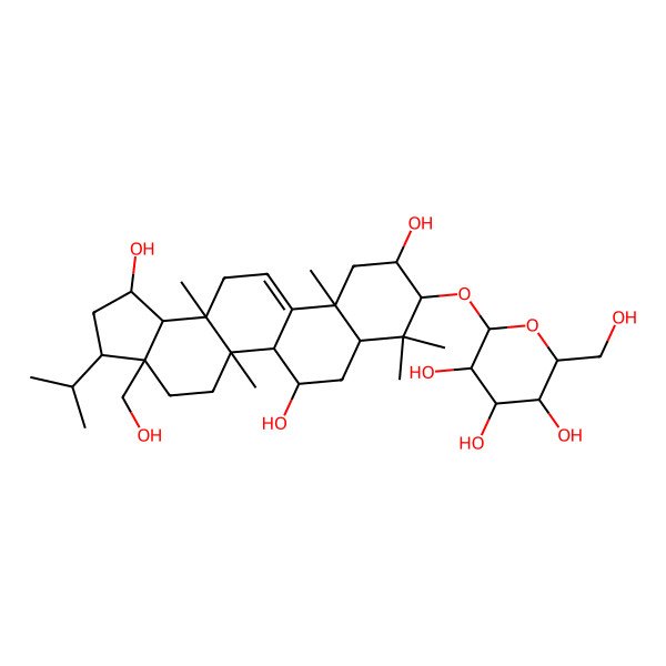 2D Structure of (2R,3R,4S,5S,6R)-2-[[(1R,3S,3aR,5aS,5bS,6S,7aS,9R,10R,11aS,13aR,13bR)-1,6,10-trihydroxy-3a-(hydroxymethyl)-5a,8,8,11a,13a-pentamethyl-3-propan-2-yl-1,2,3,4,5,5b,6,7,7a,9,10,11,13,13b-tetradecahydrocyclopenta[a]chrysen-9-yl]oxy]-6-(hydroxymethyl)oxane-3,4,5-triol
