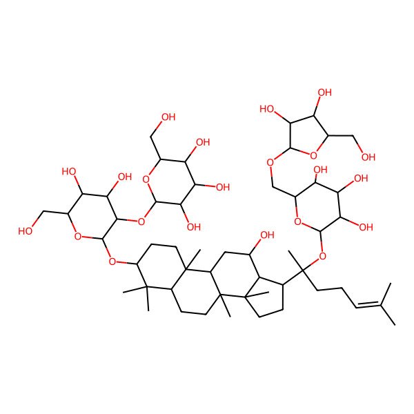 2D Structure of (2S,3R,4S,5S,6R)-2-[(2R,3R,4S,5S,6R)-2-[[(3S,5R,8R,9R,10R,12R,13S,14R,17S)-17-[(2S)-2-[(2S,3R,4S,5S,6R)-6-[[(2R,3R,4R,5S)-3,4-dihydroxy-5-(hydroxymethyl)oxolan-2-yl]oxymethyl]-3,4,5-trihydroxyoxan-2-yl]oxy-6-methylhept-5-en-2-yl]-12-hydroxy-4,4,8,10,14-pentamethyl-2,3,5,6,7,9,11,12,13,15,16,17-dodecahydro-1H-cyclopenta[a]phenanthren-3-yl]oxy]-4,5-dihydroxy-6-(hydroxymethyl)oxan-3-yl]oxy-6-(hydroxymethyl)oxane-3,4,5-triol