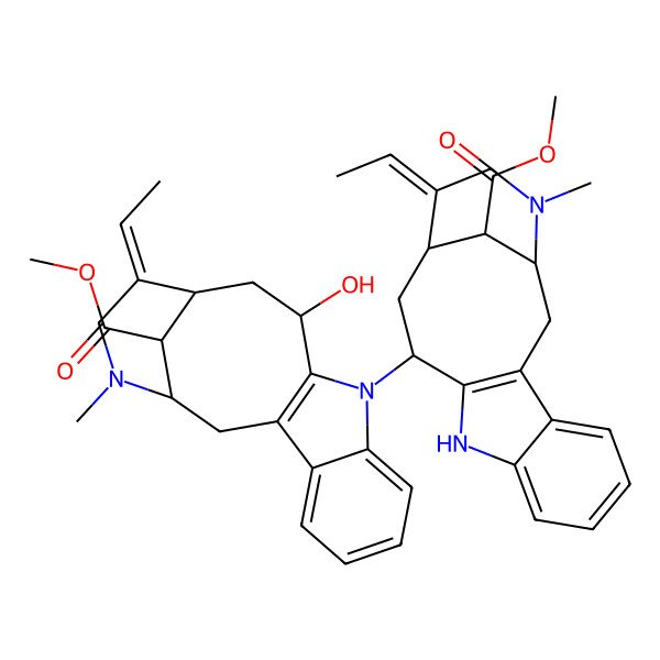 2D Structure of methyl (1S,12R,14R,15Z,18R)-15-ethylidene-10-[(1S,12S,14R,15E,18S)-15-ethylidene-18-methoxycarbonyl-17-methyl-10,17-diazatetracyclo[12.3.1.03,11.04,9]octadeca-3(11),4,6,8-tetraen-12-yl]-12-hydroxy-17-methyl-10,17-diazatetracyclo[12.3.1.03,11.04,9]octadeca-3(11),4,6,8-tetraene-18-carboxylate