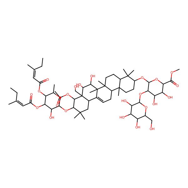 2D Structure of methyl (2S,3S,4S,5R,6R)-6-[[(3S,4aR,6aR,6bS,7R,8S,8aR,9R,10R,12aS,14aR,14bR)-9-acetyloxy-7,8-dihydroxy-8a-(hydroxymethyl)-10-[(2S,3R,4R,5S,6R)-3-hydroxy-6-methyl-5-[(Z)-3-methylpent-2-enoyl]oxy-4-[(E)-3-methylpent-2-enoyl]oxyoxan-2-yl]oxy-4,4,6a,6b,11,11,14b-heptamethyl-1,2,3,4a,5,6,7,8,9,10,12,12a,14,14a-tetradecahydropicen-3-yl]oxy]-3,4-dihydroxy-5-[(2S,3R,4S,5S,6R)-3,4,5-trihydroxy-6-(hydroxymethyl)oxan-2-yl]oxyoxane-2-carboxylate