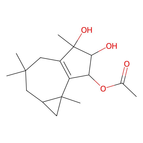 2D Structure of [(1aS,5S,6R,7R,7bR)-5,6-dihydroxy-3,3,5,7b-tetramethyl-1,1a,2,4,6,7-hexahydrocyclopropa[h]azulen-7-yl] acetate
