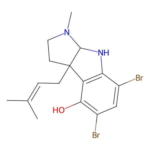 2D Structure of 5,7-Dibromo-3-methyl-8b-(3-methylbut-2-enyl)-1,2,3a,4-tetrahydropyrrolo[2,3-b]indol-8-ol