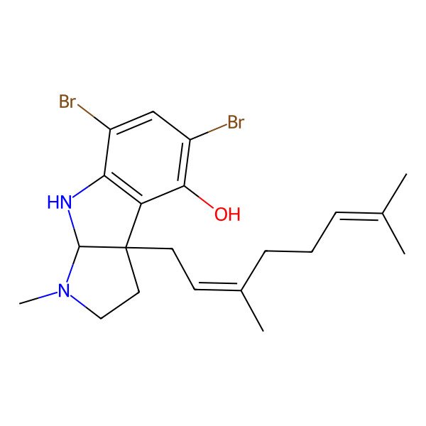 2D Structure of 5,7-Dibromo-8b-(3,7-dimethylocta-2,6-dienyl)-3-methyl-1,2,3a,4-tetrahydropyrrolo[2,3-b]indol-8-ol