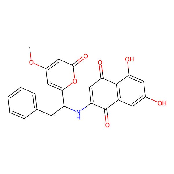 2D Structure of 5,7-Dihydroxy-2-[1-(4-methoxy-6-oxo-6h-pyran-2-yl)-2-phenylethylamino]-[1,4]naphthoquinone