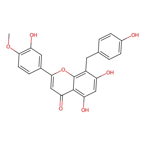 2D Structure of 5,7-Dihydroxy-2-(3-hydroxy-4-methoxyphenyl)-8-[(4-hydroxyphenyl)methyl]chromen-4-one