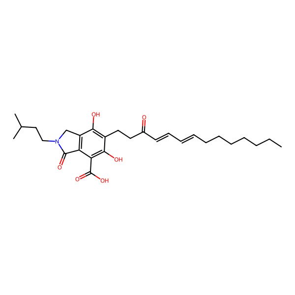 2D Structure of 5,7-dihydroxy-2-(3-methylbutyl)-3-oxo-6-(3-oxotetradeca-4,6-dienyl)-1H-isoindole-4-carboxylic acid