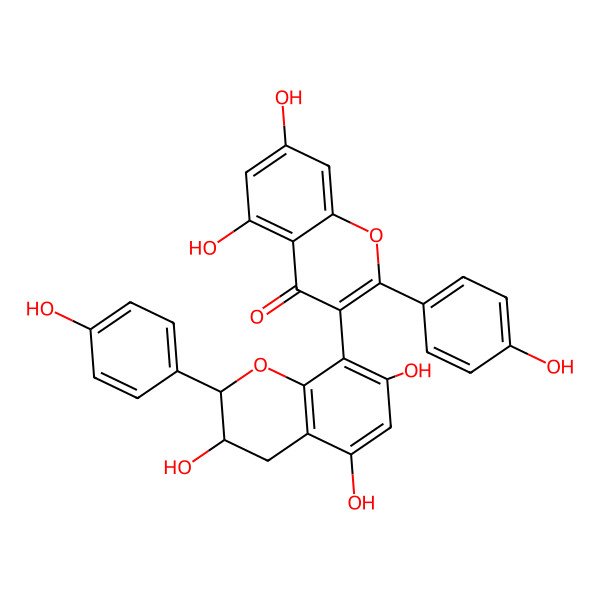 2D Structure of 5,7-Dihydroxy-2-(4-hydroxyphenyl)-3-[3,5,7-trihydroxy-2-(4-hydroxyphenyl)chroman-8-yl]chromen-4-one