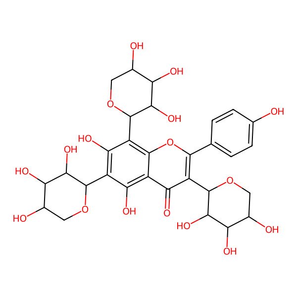 2D Structure of 5,7-dihydroxy-2-(4-hydroxyphenyl)-3,6,8-tris[(2S,3R,4S,5R)-3,4,5-trihydroxyoxan-2-yl]chromen-4-one