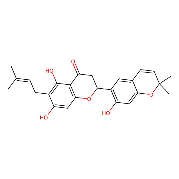 2D Structure of 5,7-Dihydroxy-2-(7-hydroxy-2,2-dimethylchromen-6-yl)-6-(3-methylbut-2-enyl)-2,3-dihydrochromen-4-one