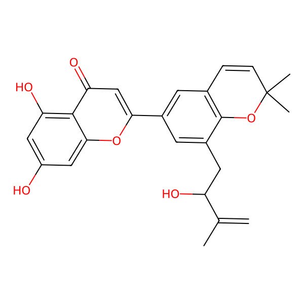 2D Structure of 5,7-dihydroxy-2-[8-[(2R)-2-hydroxy-3-methylbut-3-enyl]-2,2-dimethylchromen-6-yl]chromen-4-one