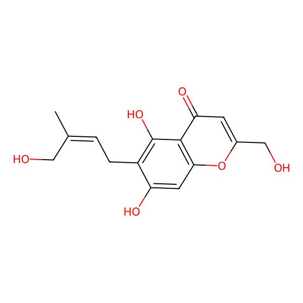 2D Structure of 5,7-Dihydroxy-2-(hydroxymethyl)-6-(4-hydroxy-3-methylbut-2-enyl)chromen-4-one