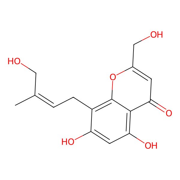 2D Structure of 5,7-Dihydroxy-2-(hydroxymethyl)-8-(4-hydroxy-3-methylbut-2-enyl)chromen-4-one