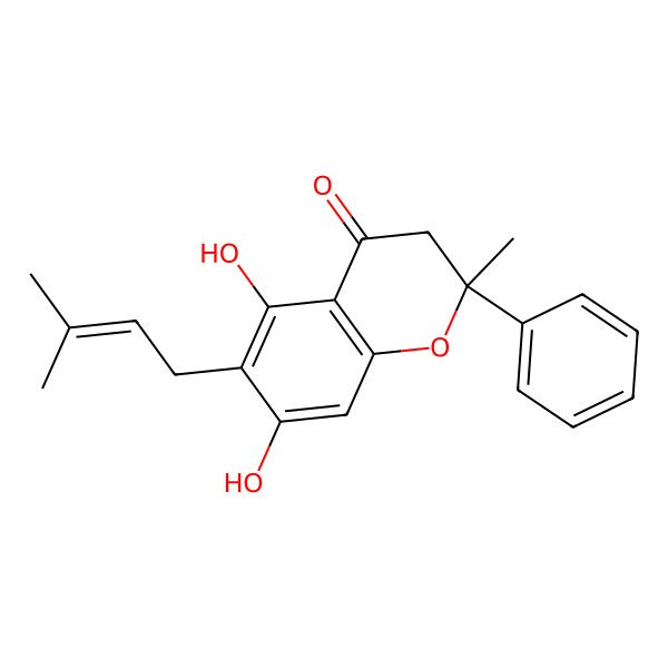 2D Structure of 5,7-dihydroxy-2-methyl-6-(3-methylbut-2-enyl)-2-phenyl-3H-chromen-4-one