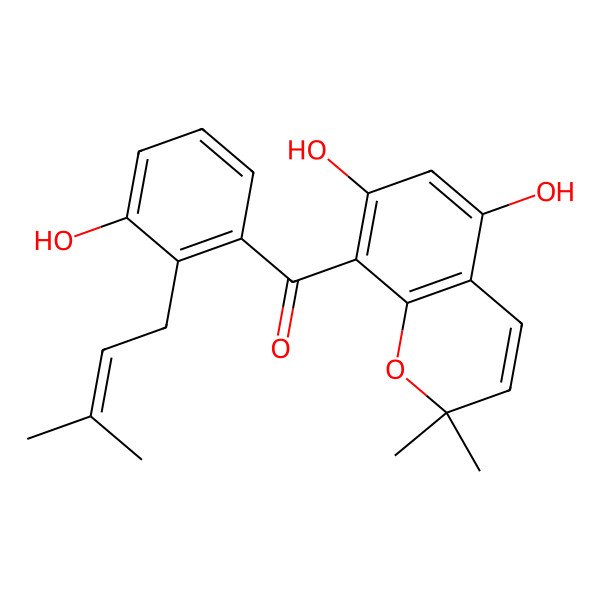 2D Structure of (5,7-Dihydroxy-2,2-dimethylchromen-8-yl)-[3-hydroxy-2-(3-methylbut-2-enyl)phenyl]methanone