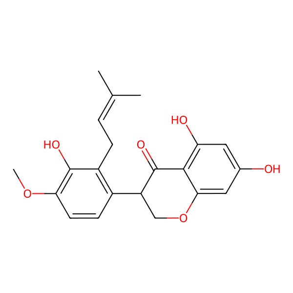 2D Structure of 5,7-Dihydroxy-3-[3-hydroxy-4-methoxy-2-(3-methylbut-2-enyl)phenyl]-2,3-dihydrochromen-4-one