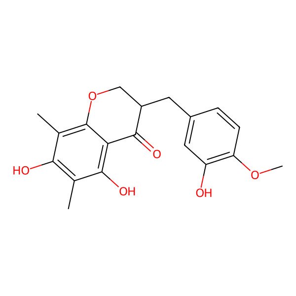 2D Structure of 5,7-Dihydroxy-3-[(3-hydroxy-4-methoxyphenyl)methyl]-6,8-dimethyl-2,3-dihydrochromen-4-one