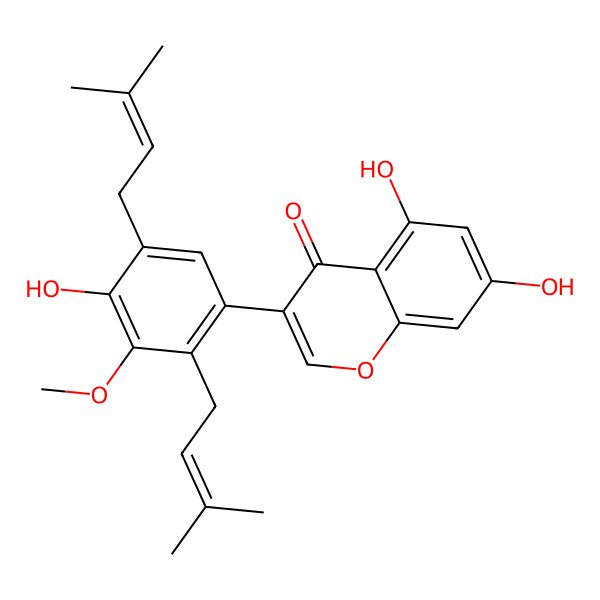 2D Structure of 5,7-Dihydroxy-3-[4-hydroxy-3-methoxy-2,5-bis(3-methylbut-2-enyl)phenyl]chromen-4-one