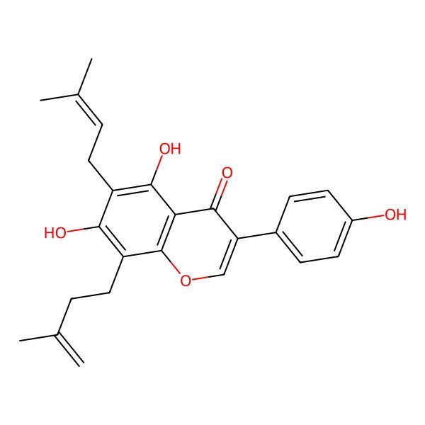 2D Structure of 5,7-Dihydroxy-3-(4-hydroxyphenyl)-6-(3-methylbut-2-enyl)-8-(3-methylbut-3-enyl)chromen-4-one