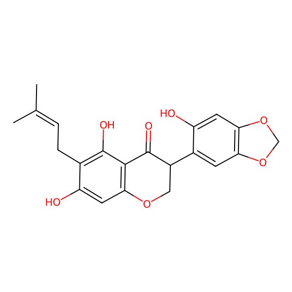 2D Structure of 5,7-Dihydroxy-3-(6-hydroxy-1,3-benzodioxol-5-yl)-6-(3-methylbut-2-enyl)-2,3-dihydrochromen-4-one