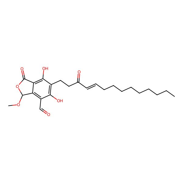 2D Structure of 5,7-dihydroxy-3-methoxy-1-oxo-6-(3-oxotetradec-4-enyl)-3H-2-benzofuran-4-carbaldehyde