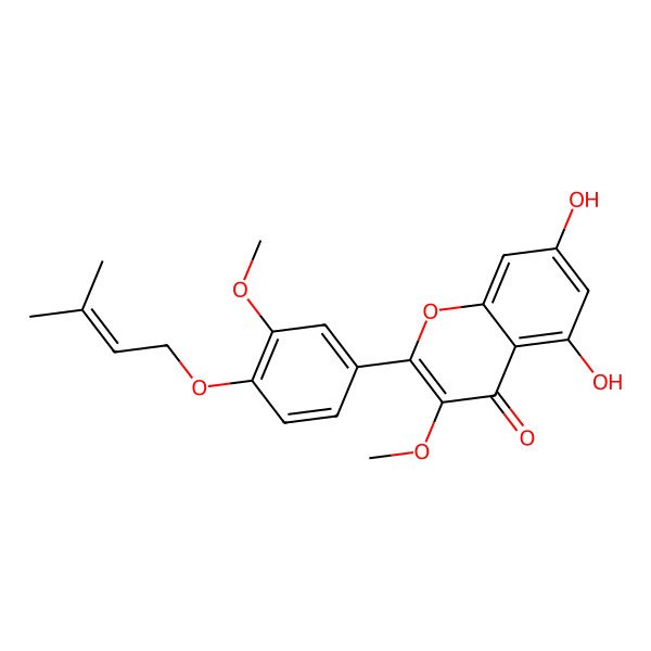 2D Structure of 5,7-Dihydroxy-3-methoxy-2-(3-methoxy-4-((3-methyl-2-butenyl)oxy)phenyl)-4H-1-benzopyran-4-one