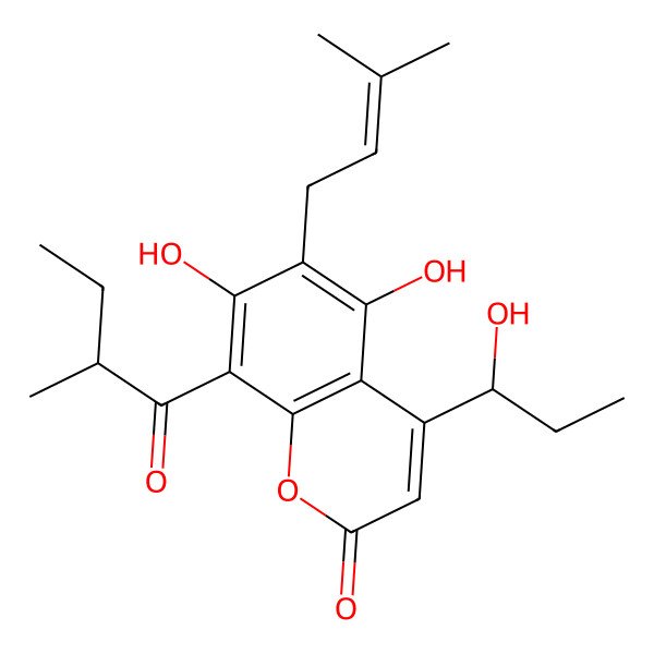 2D Structure of 5,7-dihydroxy-4-[(1R)-1-hydroxypropyl]-8-[(2R)-2-methylbutanoyl]-6-(3-methylbut-2-enyl)chromen-2-one