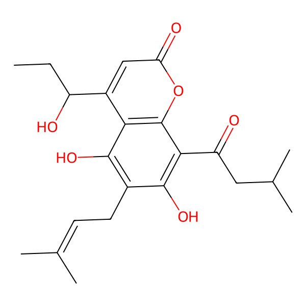 2D Structure of 5,7-dihydroxy-4-[(1R)-1-hydroxypropyl]-8-(3-methylbutanoyl)-6-(3-methylbut-2-enyl)chromen-2-one