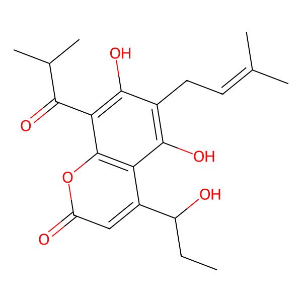 2D Structure of 5,7-dihydroxy-4-[(1S)-1-hydroxypropyl]-6-(3-methylbut-2-enyl)-8-(2-methylpropanoyl)chromen-2-one