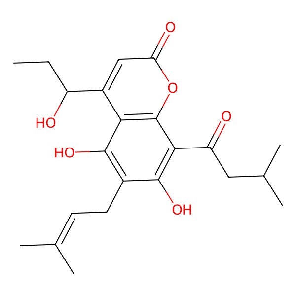2D Structure of 5,7-dihydroxy-4-[(1S)-1-hydroxypropyl]-8-(3-methylbutanoyl)-6-(3-methylbut-2-enyl)chromen-2-one