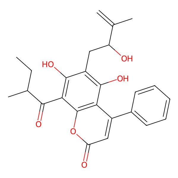 2D Structure of 5,7-Dihydroxy-6-(2-hydroxy-3-methylbut-3-enyl)-8-(2-methylbutanoyl)-4-phenylchromen-2-one