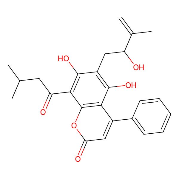 2D Structure of 5,7-Dihydroxy-6-(2-hydroxy-3-methylbut-3-enyl)-8-(3-methylbutanoyl)-4-phenylchromen-2-one 2D Structure of 5,7-Dihydroxy-6-(2-hydroxy-3-methylbut-3-enyl)-8-(3-methylbutanoyl)-4-phenylchromen-2-one