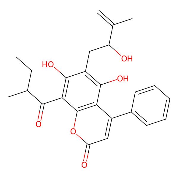 2D Structure of 5,7-dihydroxy-6-[(2R)-2-hydroxy-3-methylbut-3-enyl]-8-[(2R)-2-methylbutanoyl]-4-phenylchromen-2-one