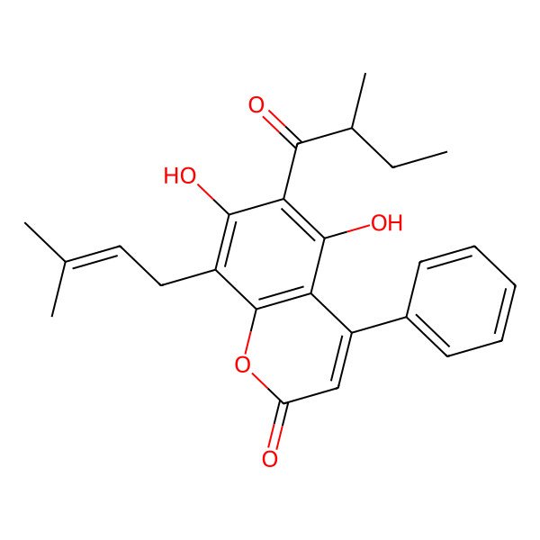 2D Structure of 5,7-dihydroxy-6-[(2R)-2-methylbutanoyl]-8-(3-methylbut-2-enyl)-4-phenylchromen-2-one