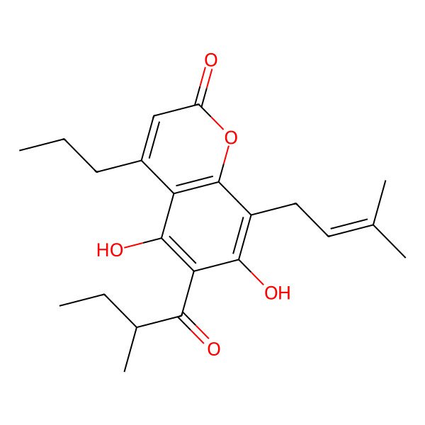 2D Structure of 5,7-dihydroxy-6-[(2R)-2-methylbutanoyl]-8-(3-methylbut-2-enyl)-4-propylchromen-2-one
