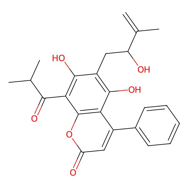 2D Structure of 5,7-dihydroxy-6-[(2S)-2-hydroxy-3-methylbut-3-enyl]-8-(2-methylpropanoyl)-4-phenylchromen-2-one