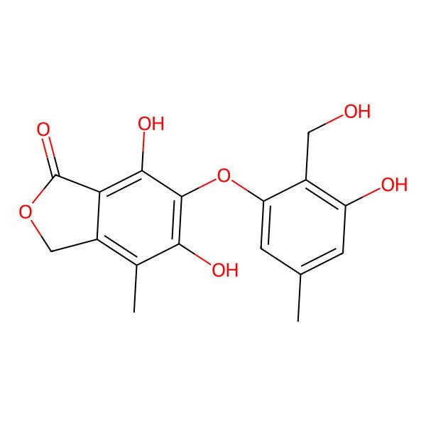 2D Structure of 5,7-dihydroxy-6-[3-hydroxy-2-(hydroxymethyl)-5-methylphenoxy]-4-methyl-3H-2-benzofuran-1-one