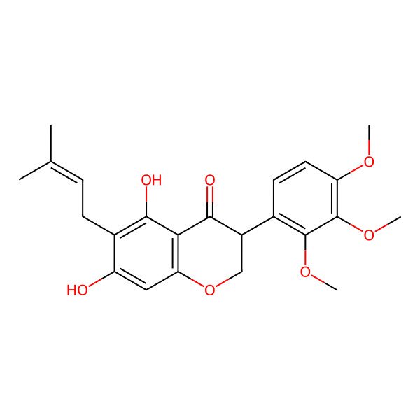 2D Structure of 5,7-Dihydroxy-6-(3-methylbut-2-enyl)-3-(2,3,4-trimethoxyphenyl)-2,3-dihydrochromen-4-one 2D Structure of 5,7-Dihydroxy-6-(3-methylbut-2-enyl)-3-(2,3,4-trimethoxyphenyl)-2,3-dihydrochromen-4-one