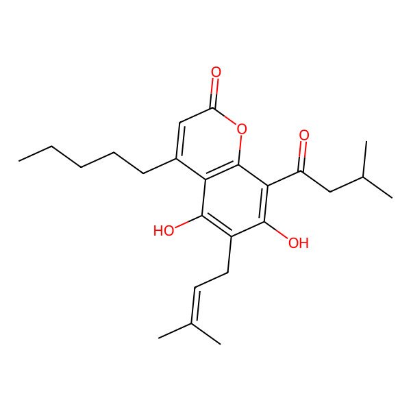 2D Structure of 5,7-dihydroxy-6-(3-methylbut-2-enyl)-8-(3-methylbutanoyl)-4-pentyl-2H-chromen-2-one