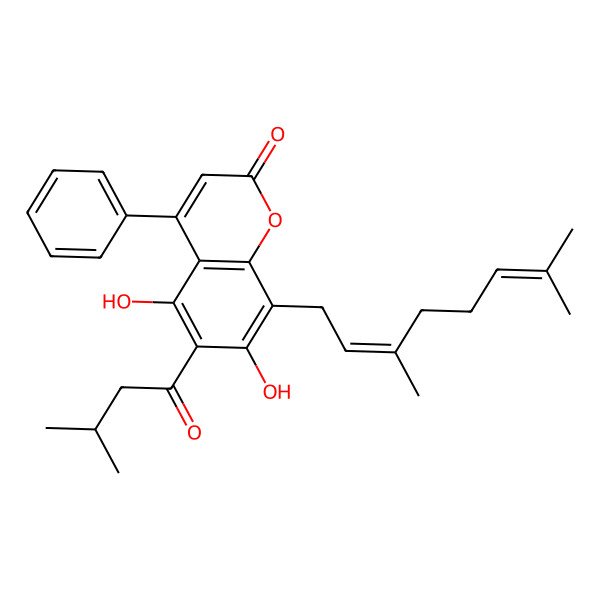 2D Structure of 5,7-Dihydroxy-6-(3-methylbutanoyl)-8-[(e)-3,7-dimethylocta-2,6-dienyl]-4-phenyl-2h-chromen-2-one