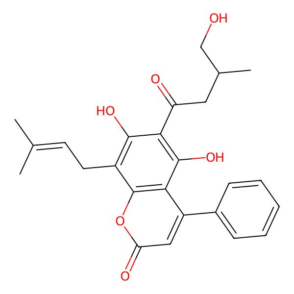 2D Structure of 5,7-dihydroxy-6-[(3S)-4-hydroxy-3-methylbutanoyl]-8-(3-methylbut-2-enyl)-4-phenylchromen-2-one