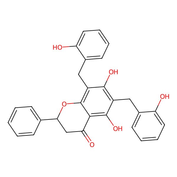 2D Structure of 5,7-Dihydroxy-6,8-bis[(2-hydroxyphenyl)methyl]-2-phenyl-2,3-dihydrochromen-4-one