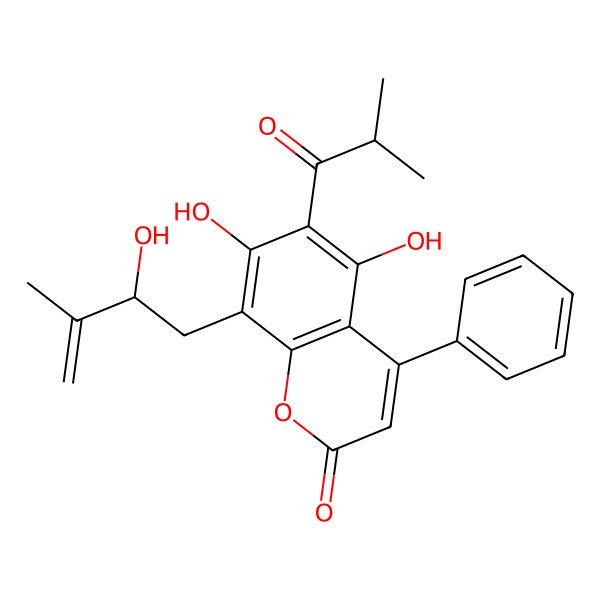 2D Structure of 5,7-Dihydroxy-8-(2-hydroxy-3-methylbut-3-enyl)-6-(2-methylpropanoyl)-4-phenylchromen-2-one