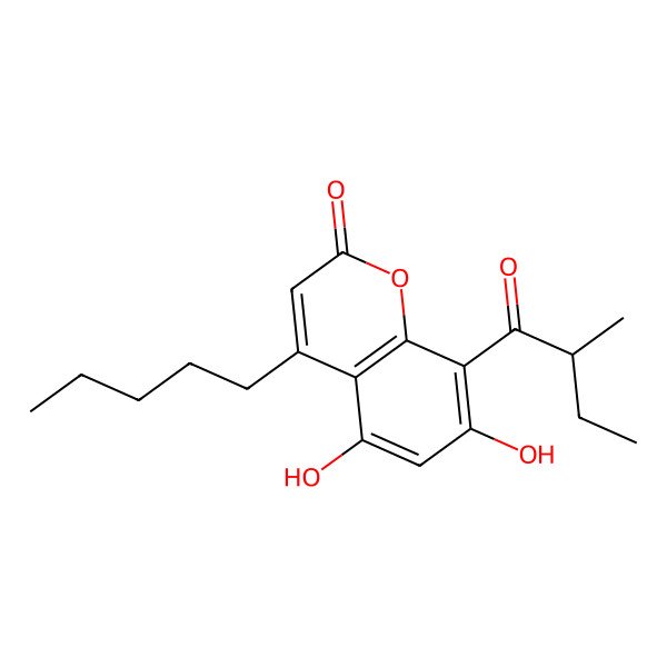2D Structure of 5,7-Dihydroxy-8-(2-methylbutanoyl)-4-pentylchromen-2-one